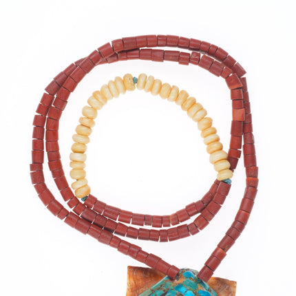 Vintage Santo Domingo shell turquoise mosaic pendant necklace pipestone beads