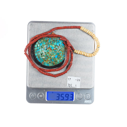 Vintage Santo Domingo shell turquoise mosaic pendant necklace pipestone beads