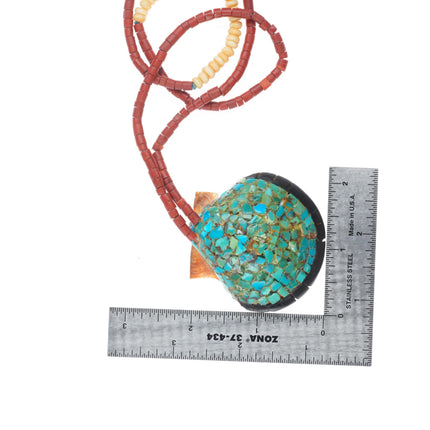 Vintage Santo Domingo shell turquoise mosaic pendant necklace pipestone beads