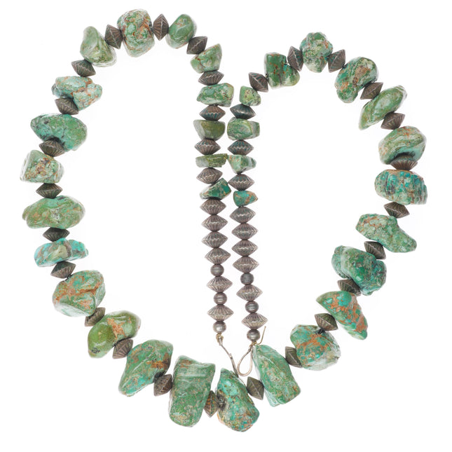 29.5" Vintage navajo sterling silver beaded Kingman turquoise nugget necklace