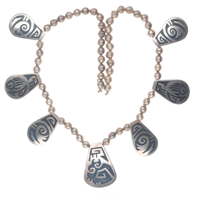 Larry Pooyouma Hopi overlay tab necklace with abstract designs sterling silver