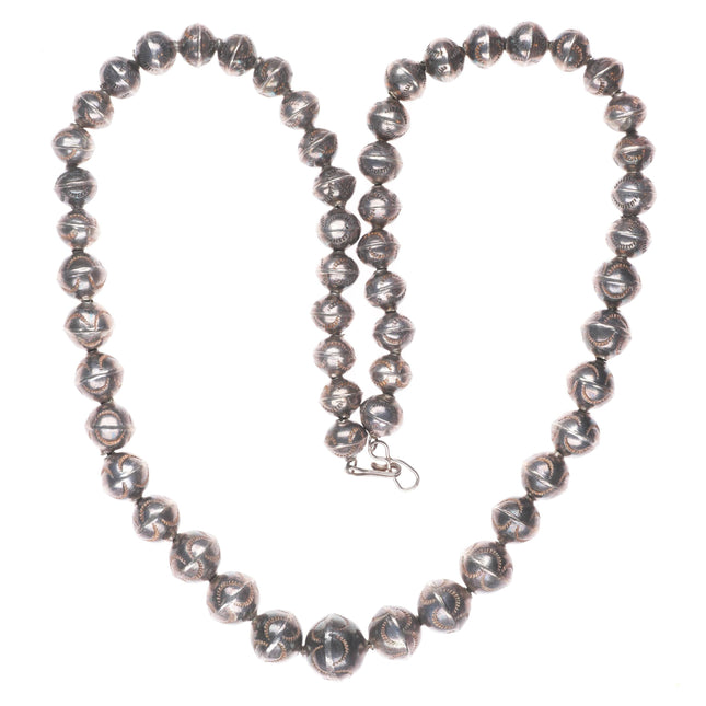 27" vintage Navajo pearl sterling silver hand stamped handmade beads necklace