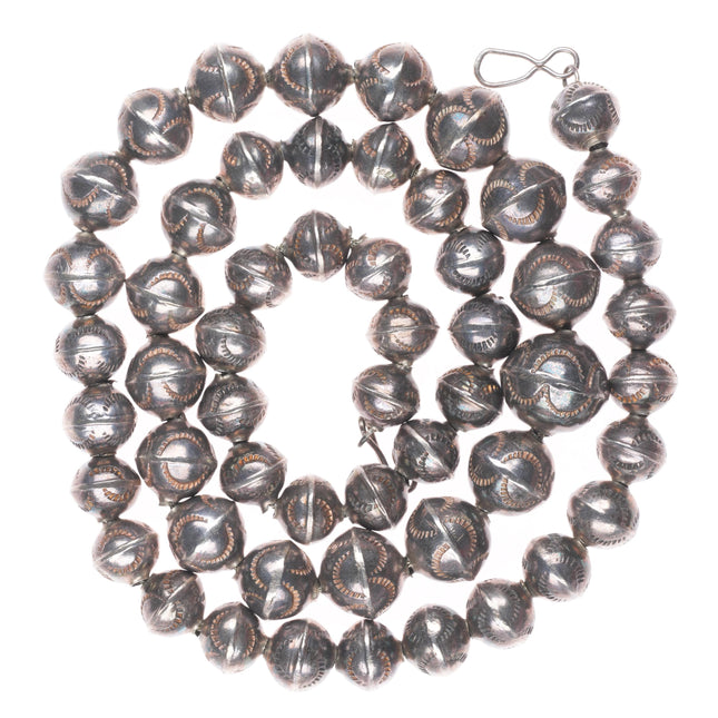 27" vintage Navajo pearl sterling silver hand stamped handmade beads necklace