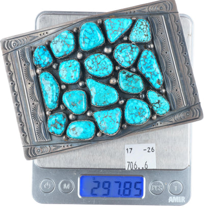2" Big Fred Peters Navajo sterling silver Waterweb Kingman turquoise belt buckle