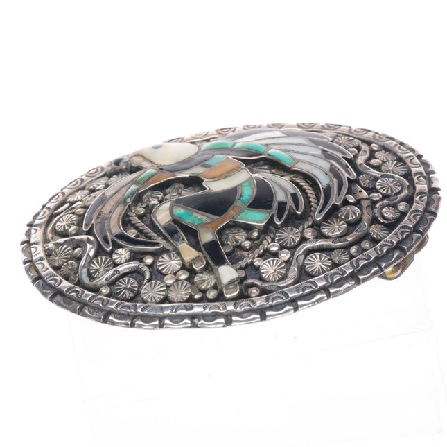 1.5" vintage Zuni John Lucio Eagle Dancer inlaid sterling silver belt buckle