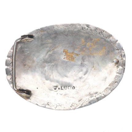 1.5" vintage Zuni John Lucio Eagle Dancer inlaid sterling silver belt buckle