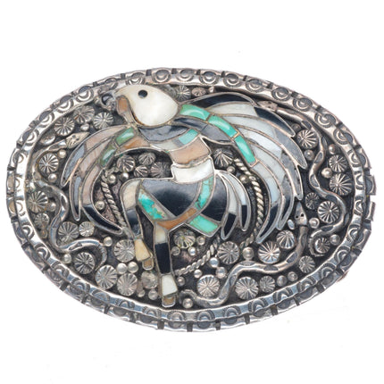 1.5" vintage Zuni John Lucio Eagle Dancer inlaid sterling silver belt buckle