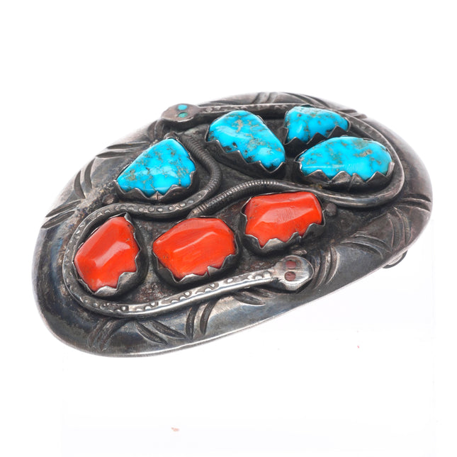 1.5" Big vintage Effie Calavaza Zuni sterling silver turquoise coral belt buckle