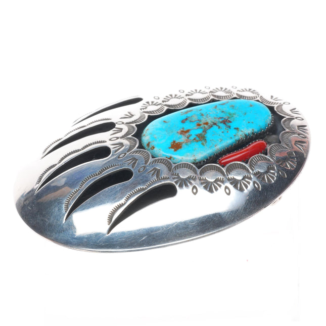 1.5" Arnold Goodluck Navajo sterling silver bear paw belt buckle turquoise/coral