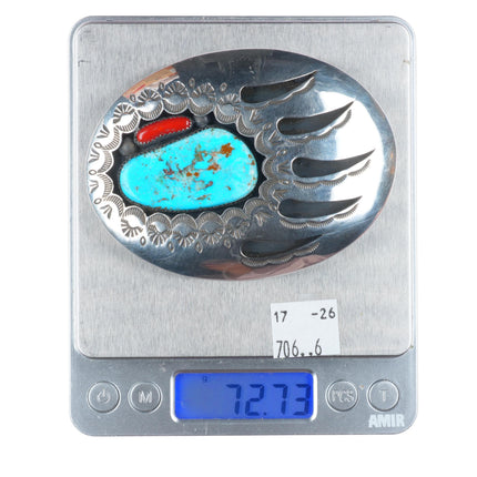 1.5" Arnold Goodluck Navajo sterling silver bear paw belt buckle turquoise/coral