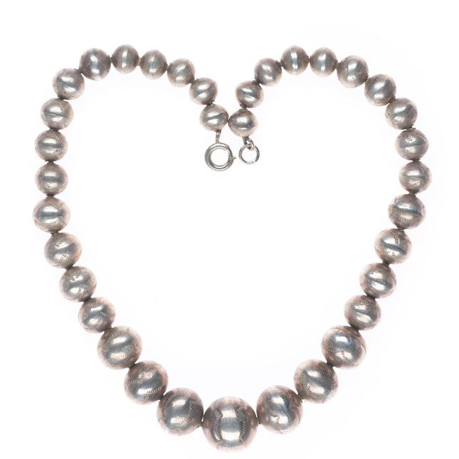 15" Vintage handmade beads hand stamped Navajo pearl sterling silver necklace