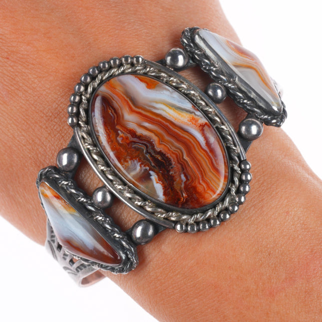 7" c1940 Garden of the Gods Native American sterling silver agate cuff bracelet