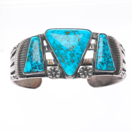 6.25" c1940 Navajo Lone Mountain turquoise stamped sterling silver cuff bracelet