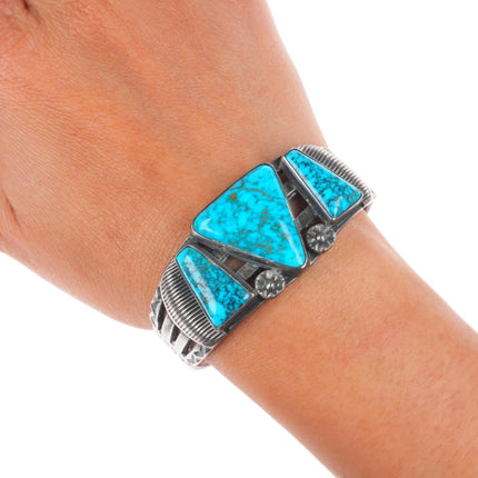 6.25" c1940 Navajo Lone Mountain turquoise stamped sterling silver cuff bracelet