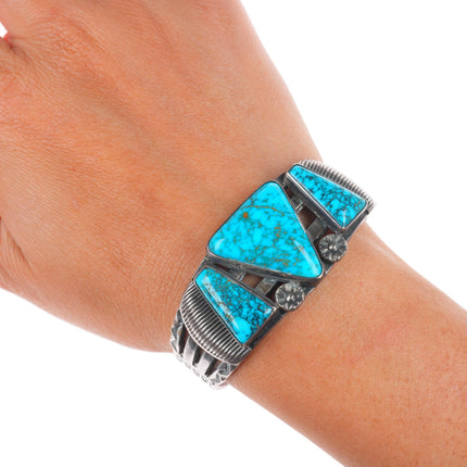 6.25" c1940 Navajo Lone Mountain turquoise stamped sterling silver cuff bracelet
