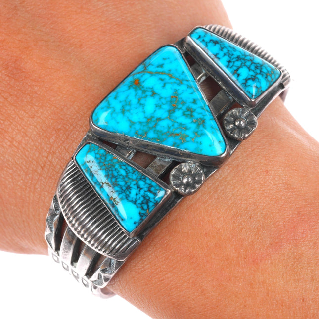 6.25" c1940 Navajo Lone Mountain turquoise stamped sterling silver cuff bracelet