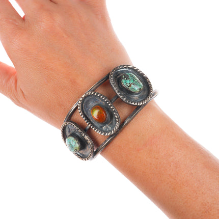 6.7" Vintage Navajo sterling silver spiderweb turquoise fire agate cuff bracelet
