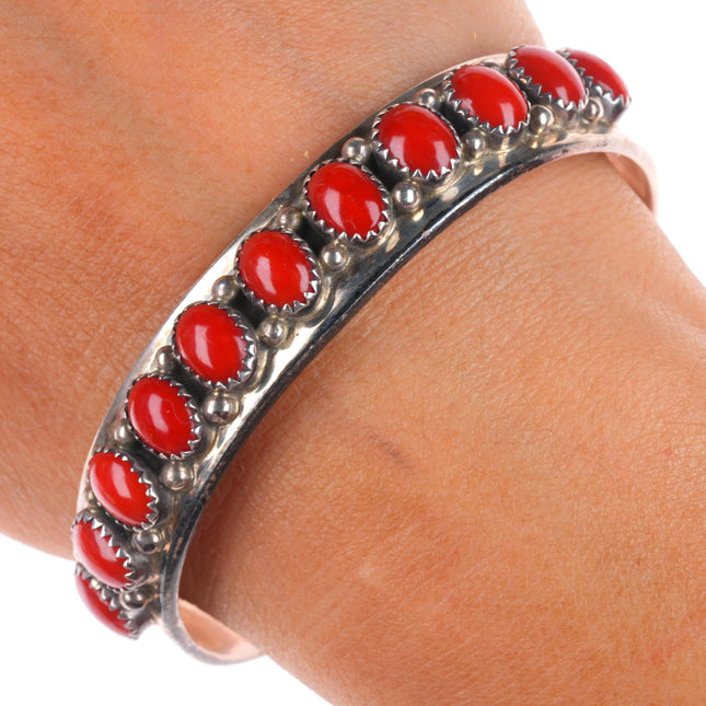 6.6" Vintage Navajo sterling silver Mediterranean coral row cuff bracelet