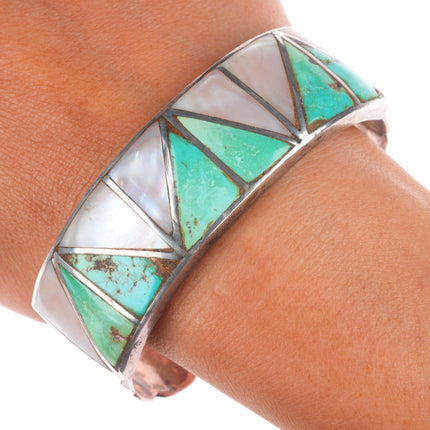7" 1940's Vintage Zuni sterling silver turquoise/shell inlay cuff bracelet
