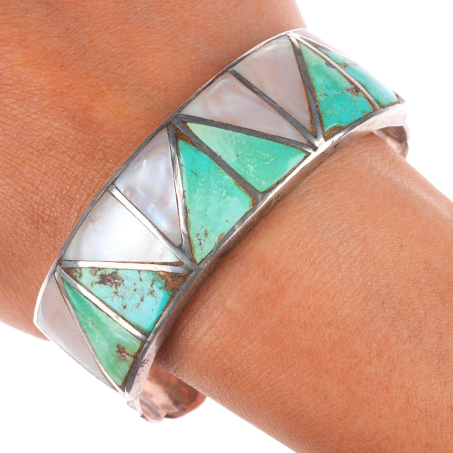 7" 1940's Vintage Zuni sterling silver turquoise/shell inlay cuff bracelet