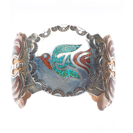 7" Tommy Singer Navajo sterling silver chip inlay peyote Bird cuff bracelet