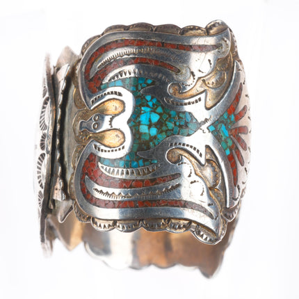 7" Tommy Singer Navajo sterling silver chip inlay peyote Bird cuff bracelet