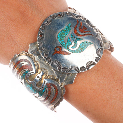 7" Tommy Singer Navajo sterling silver chip inlay peyote Bird cuff bracelet