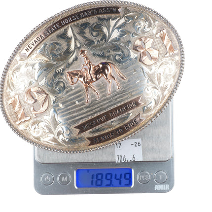 1.5" Huge Vogt 10k gold Sterling silver Nevada Horseman Trophy belt buckle