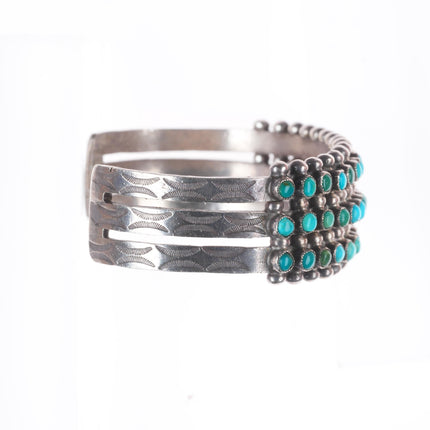 6.5" c1940's Zuni sterling silver snake eye turquoise 3 stack row cuff bracelet