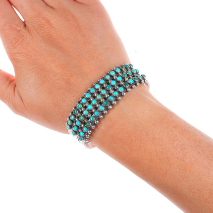 6.5" c1940's Zuni sterling silver snake eye turquoise 3 stack row cuff bracelet