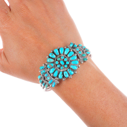 6.3" c1940's Zuni sterling silver petit point turquoise cluster cuff bracelet