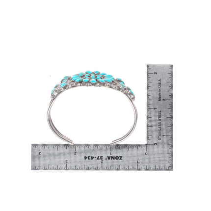 6.3" c1940's Zuni sterling silver petit point turquoise cluster cuff bracelet