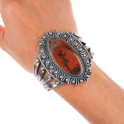 6.5" 1940's Vintage Navajo sterling silver petrified wood large cuff bracelet