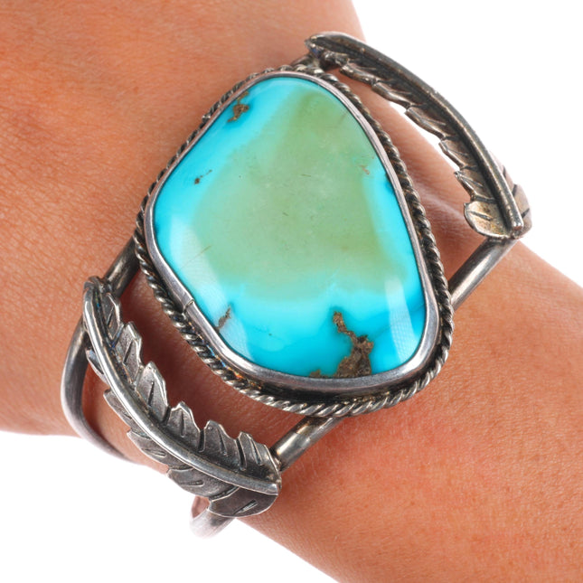 6.25" Vintage Navajo sterling silver feather side cuff bracelet nice turquoise