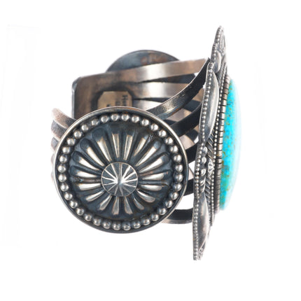6.9" Hemerson Brown Navajo sterling silver spiderweb turquoise cuff bracelet