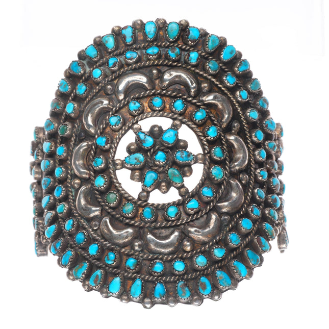 6.9" c1930's Zuni sterling silver large petit point nice turquoise cuff bracelet