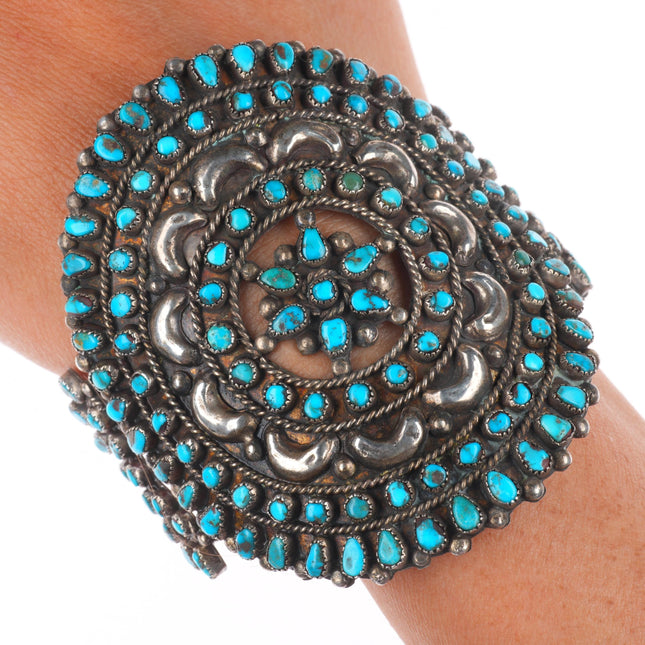 6.9" c1930's Zuni sterling silver large petit point nice turquoise cuff bracelet