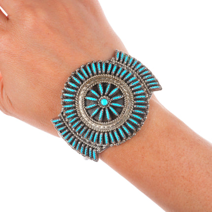 6.7" Vintage Zuni sterling silver needlepoint turquoise cuff bracelet