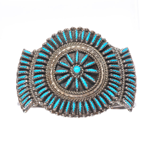 6.7" Vintage Zuni sterling silver needlepoint turquoise cuff bracelet