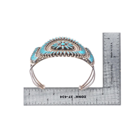 6.7" Vintage Zuni sterling silver needlepoint turquoise cuff bracelet
