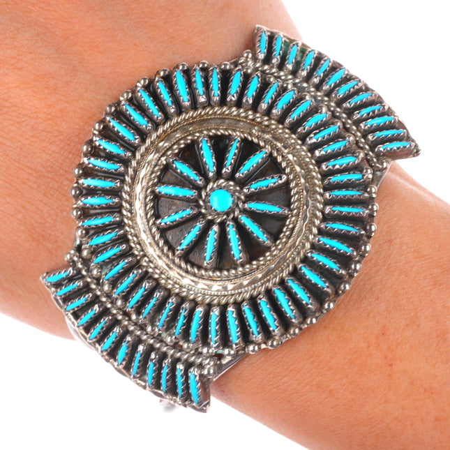 6.7" Vintage Zuni sterling silver needlepoint turquoise cuff bracelet