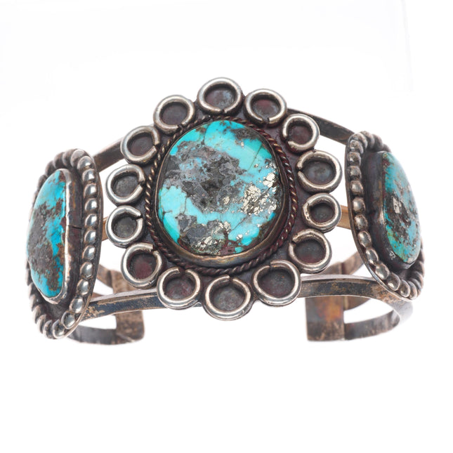 6.7" c1960's vintage Navajo sterling silver turquoise 3 stone cuff bracelet