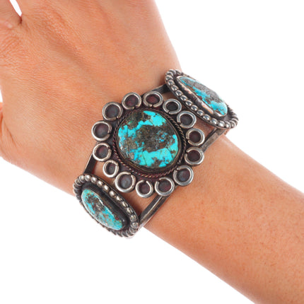 6.7" c1960's vintage Navajo sterling silver turquoise 3 stone cuff bracelet