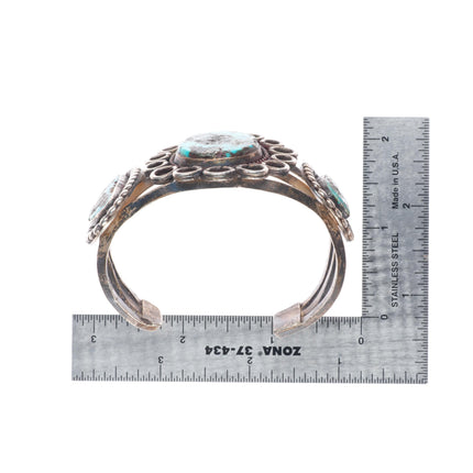 6.7" c1960's vintage Navajo sterling silver turquoise 3 stone cuff bracelet