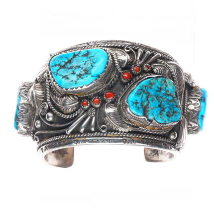 6.9" Carl & Irene Clark Navajo sterling silver turquoise and coral cuff bracelet