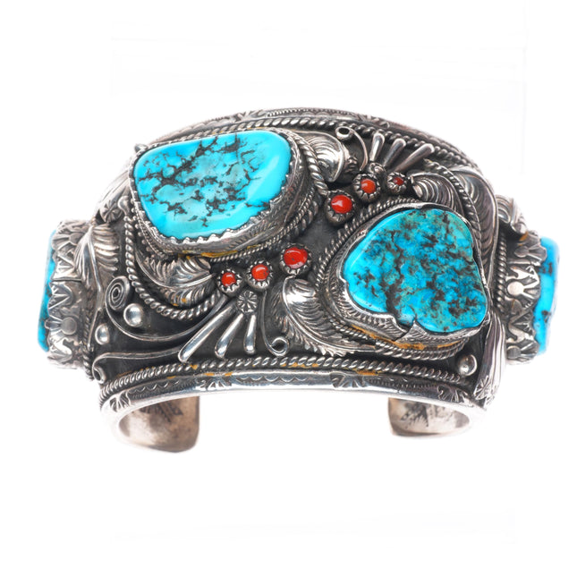 6.9" Carl & Irene Clark Navajo sterling silver turquoise and coral cuff bracelet