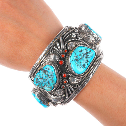 6.9" Carl & Irene Clark Navajo sterling silver turquoise and coral cuff bracelet
