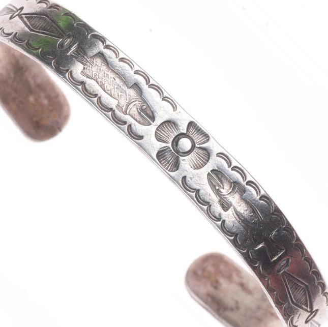 6.7" c1930's Vintage Navajo ingot silver fish stamped stacker cuff bracelet