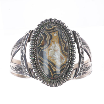 6.2" 1940's Vintage Navajo stamped sterling silver lacy agate cuff bracelet