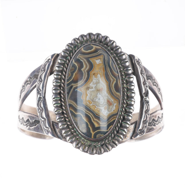 6.2" 1940's Vintage Navajo stamped sterling silver lacy agate cuff bracelet